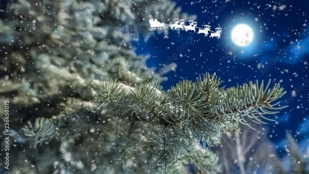 Santa flies in the night sky against the background of the full moon, new year conceptual animation, beautiful night winter landscape with falling snow Santa flies in the night sky against the background of the full moon, new year conceptual animation, beautiful night winter landscape with falling snow