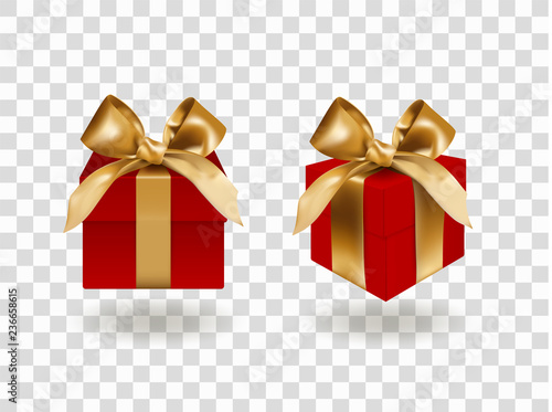 Front view of set of two closed Red gift boxes bandaged with golden elegant bows with knots. Objects or icons isolated on transparent background. Realistic vector illustration.