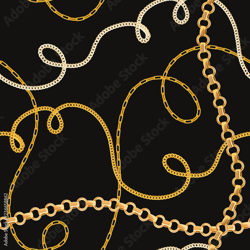 Golden Chains Seamless Pattern. Fashion Background of Gold Links. Fabric Design with Jewelry Chain for Textile, Wallpaper. Vector illustration