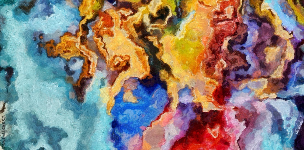 Close up oil paint abstract background. Art textured brushstrokes in macro. Part of painting. Old style artwork. Dirty watercolor texture. Modern pattern. Chaotic splashes. Multi-colors design.