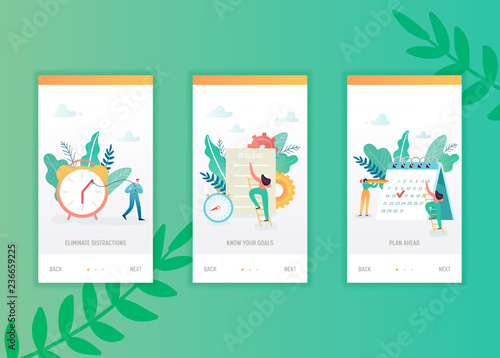 Time management onboarding screens template. Business people characters planning mobile app design. Scheduling concept for mobile applications or website. Vector illustration