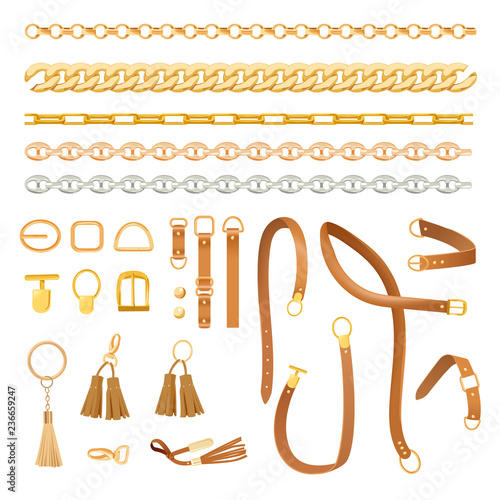 Chains and Belts Fashion Elements Set. Fashionable Collection with Braid, Golden Chain and Strap for Fabric, Textile and Pattern. Vector illustration