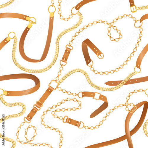 Fashion Seamless Pattern with Golden Chains and Belts. Fabric Design Background with Chain and Jewelry for Wallpapers, Prints. Vector illustration