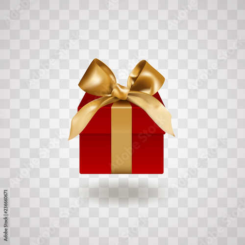 Front view of single closed Red gift box bandaged with golden elegant bow with knot. Object or icon isolated on transparent background. Realistic vector illustration.