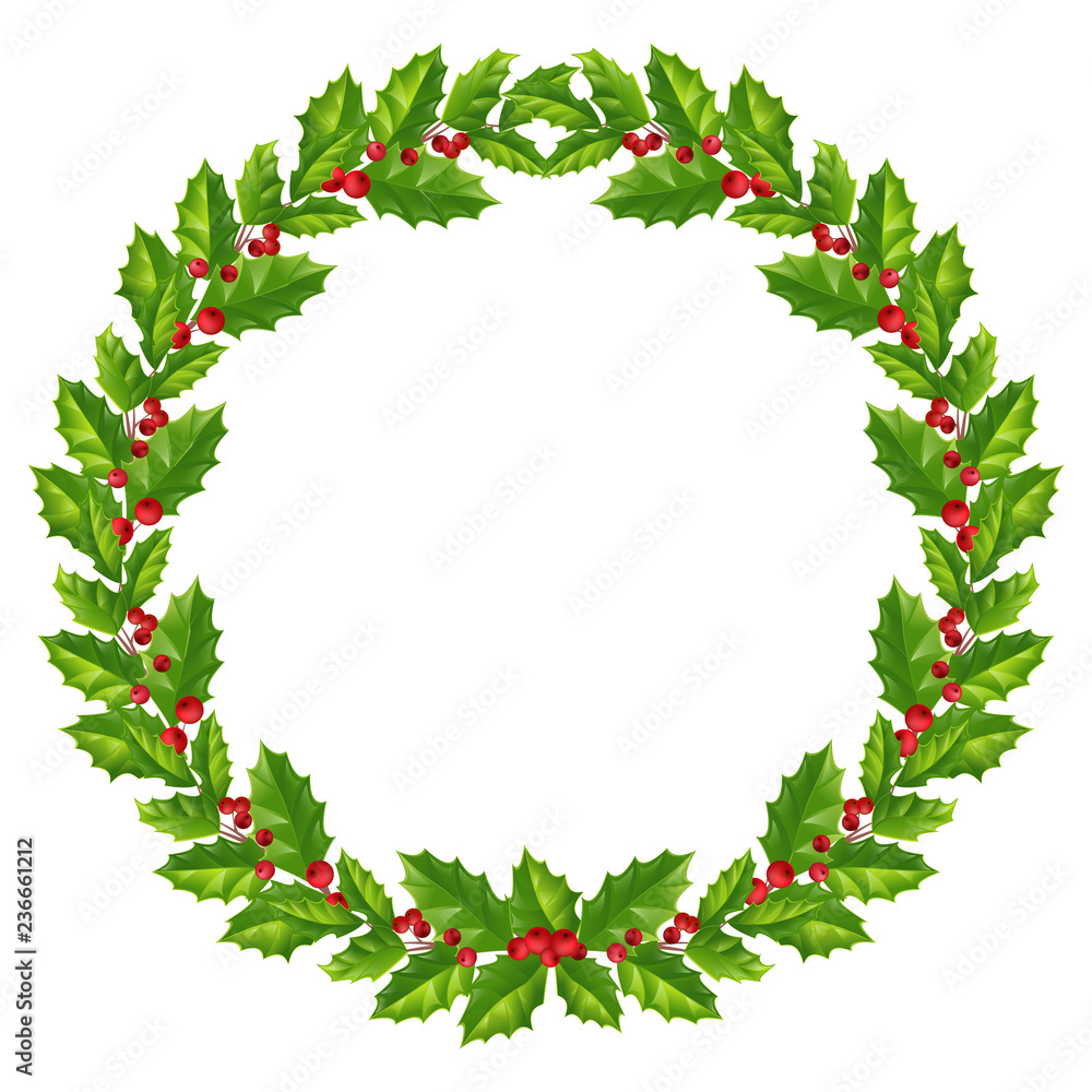 Winter wreath of holly leaves with red berries. Isolated on white without a shadow.