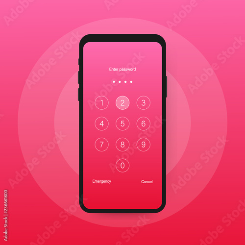 Screen lock authentication password smartphone background template. Illustration of phone ID recognition screen lock password or lock screen passcode numbers display.