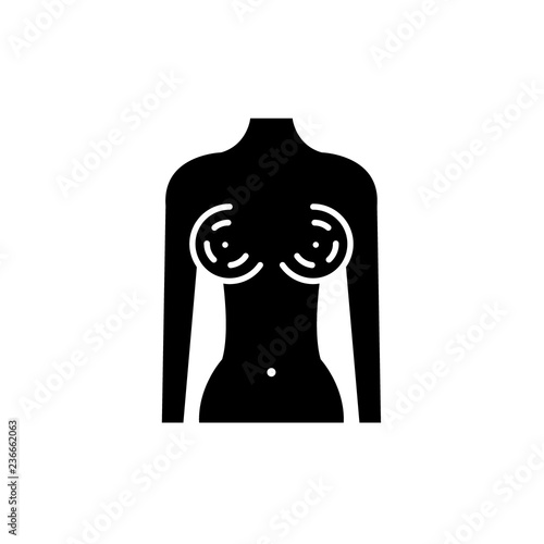 Breast augmentation black icon, concept vector sign on isolated background. Breast augmentation illustration, symbol