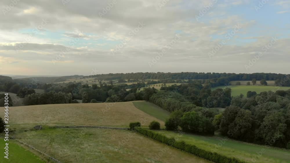 Aerial, Cotswolds farmland, cloudy Aerial, Cotswolds farmland, cloudy