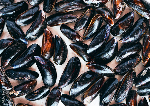 Raw organic black mussels on white table top view 