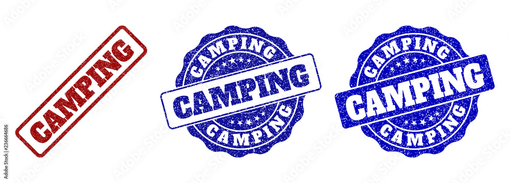 CAMPING grunge stamp seals in red and blue colors. Vector CAMPING labels with dirty texture. Graphic elements are rounded rectangles, rosettes, circles and text labels.