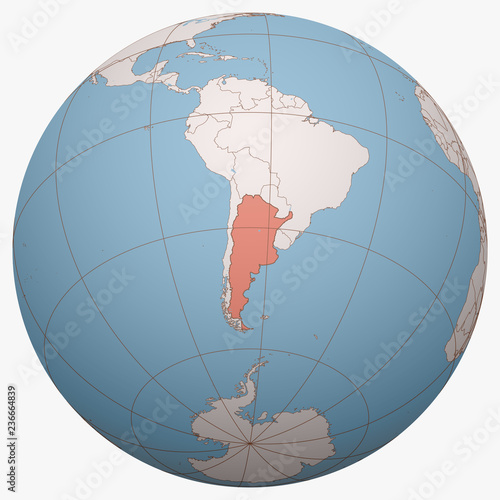 Argentina on the globe. Earth hemisphere centered at the location of the Argentine Republic. Argentina map.