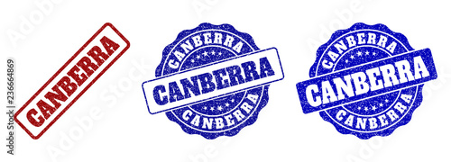 CANBERRA grunge stamp seals in red and blue colors. Vector CANBERRA imprints with grunge style. Graphic elements are rounded rectangles, rosettes, circles and text tags.
