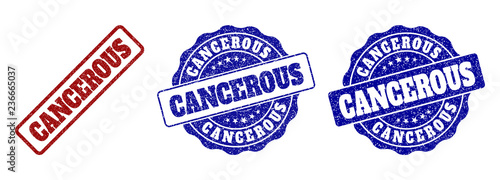 CANCEROUS grunge stamp seals in red and blue colors. Vector CANCEROUS labels with scratced effect. Graphic elements are rounded rectangles, rosettes, circles and text labels.