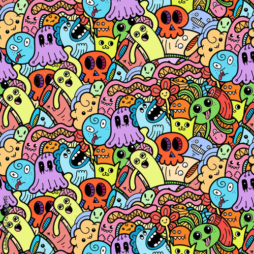 Funny doodle monsters seamless pattern for prints, designs and coloring books