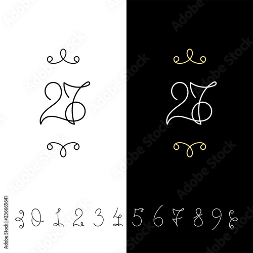 Set of vector calligraphy numbers from 0 to 9. Lined ornate monogram.