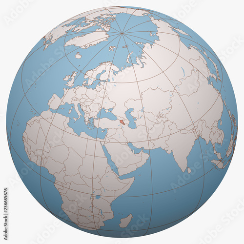 Armenia on the globe. Earth hemisphere centered at the location of the Republic of Armenia. Armenia map.