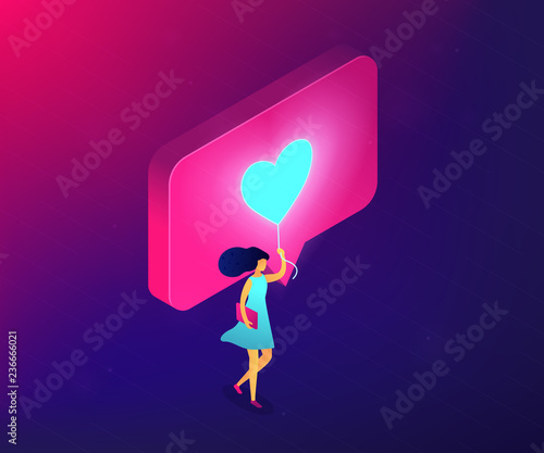 Businesswoman sharing content in social media with like. Personal brand, sharing content online, like for like and follow4follow concept. Ultraviolet neon vector isometric 3D illustration.