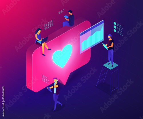 Social media specialists and analyst work with tablets and laptops and like. Social media engagement, in-platform messaging, SMM campaign concept. Ultraviolet neon vector isometric 3D illustration.
