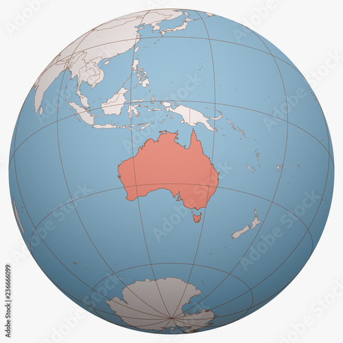 Australia on the globe. Earth hemisphere centered at the location of the Commonwealth of Australia. Australia map.