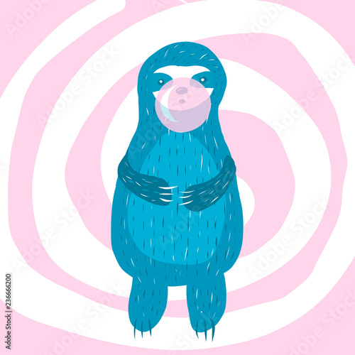 Cartoon cute blue sloth inflates