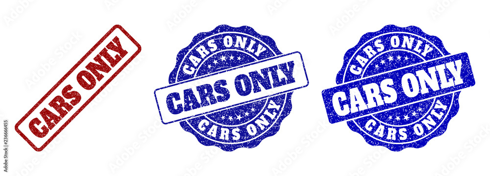 CARS ONLY grunge stamp seals in red and blue colors. Vector CARS ONLY labels with grunge texture. Graphic elements are rounded rectangles, rosettes, circles and text labels. CARS ONLY grunge stamp seals in red and blue colors. Vector CARS ONLY labels with grunge texture. Graphic elements are rounded rectangles, rosettes, circles and text labels.