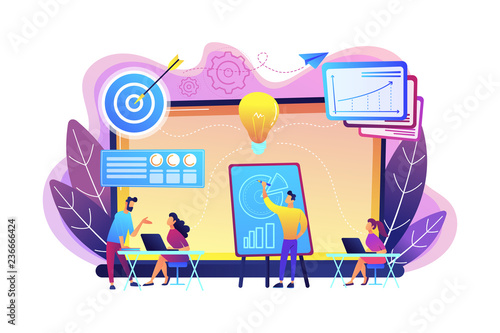 Company providing management training and office space. Business incubator, business training programs, shared administrative service concept. Bright vibrant violet vector isolated illustration