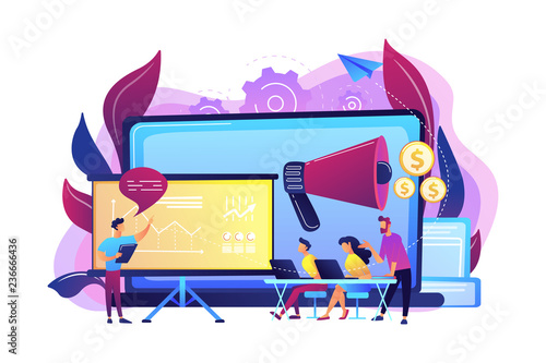 Marketeers learning from fellow professionals at meetup with presentation board. Marketing meetup, sharing experience, marketing expertise concept. Bright vibrant violet vector isolated illustration