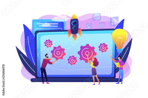 Startup team receive mentoring and training to accelerate growth and laptop. Startup accelerator, seed accelerator, startup mentoring concept. Bright vibrant violet vector isolated illustration