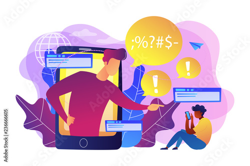 Bully in smartphone harassing, threatening and intimidating upset victim online. Cyberbullying, online flooding, social network harassment concept. Bright vibrant violet vector isolated illustration