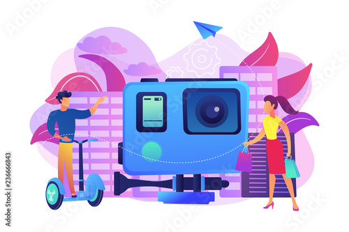 Businessman riding segway on the city tour, shopper and action camera. City segway tours, modern urban tourism, city tourist excursion concept. Bright vibrant violet vector isolated illustration