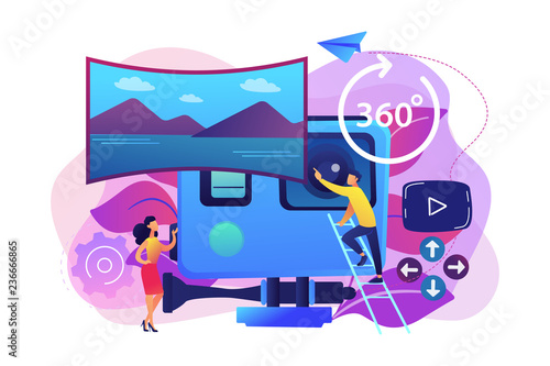 Business people on virtual reality tour 360 watching beautiful landscape and a camera. Virtual tour, 3d reality tours, virtual reality walk concept. Bright vibrant violet vector isolated illustration
