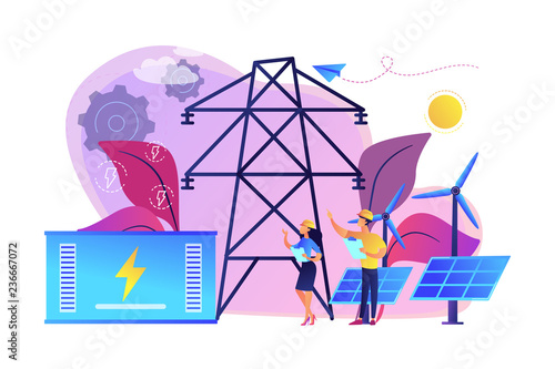 Battery energy storage from renewable solar and wind power station. Energy storage, energy collection methods, electrical power grid concept. Bright vibrant violet vector isolated illustration
