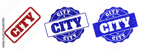 CITY grunge stamp seals in red and blue colors. Vector CITY signs with grunge effect. Graphic elements are rounded rectangles, rosettes, circles and text labels. Designed for rubber stamp imitations.