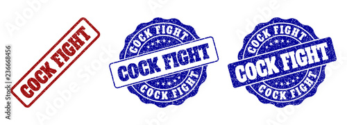 COCK FIGHT grunge stamp seals in red and blue colors. Vector COCK FIGHT labels with grunge surface. Graphic elements are rounded rectangles, rosettes, circles and text labels.