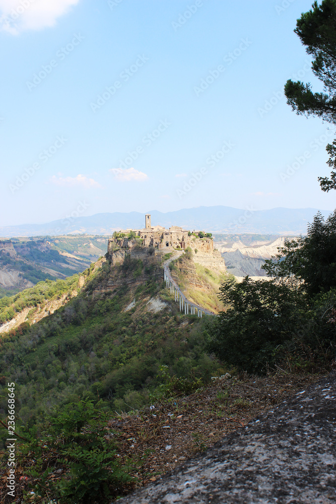 A view of Civita di Bagnoregio, a town in the Province of Viterbo in central Italy, a suburb of the municipality of Bagnoregio, 1 kilometer east from it. It is 120 kilometers north of Rome, Lazio.