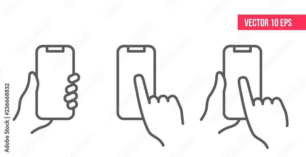 Mobile Phone Line Icon. Hand holding smartphone. Smartphone with white