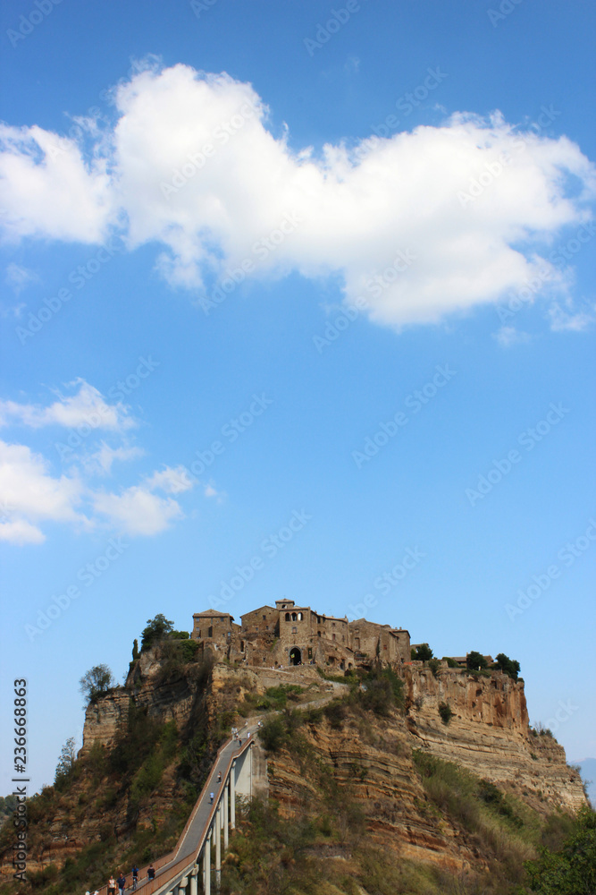 A view of Civita di Bagnoregio, a town in the Province of Viterbo in central Italy, a suburb of the municipality of Bagnoregio, 1 kilometer east from it. It is 120 kilometers north of Rome, Lazio.