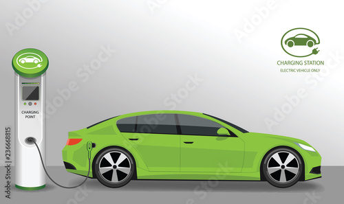 Vector banner with electric car and charging station