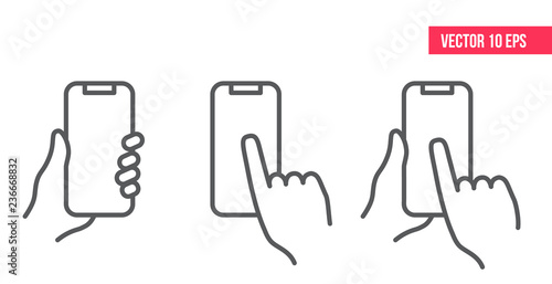 Mobile Phone Line Icon.
Hand holding smartphone. Smartphone with white screen vector eps10. 