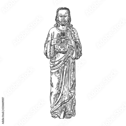 Jesus Christ standing with open sacred heart,  resurrection. Good Friday and Holy week. Love hope, faith and help, assistance and support symbol. Vector.