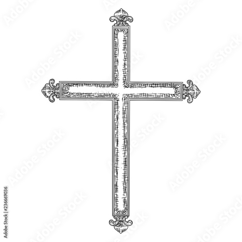 Hand drawn cross. Christian and catholic cross isolated on white background. Element for Holy week tradition or Good Friday. Vector.