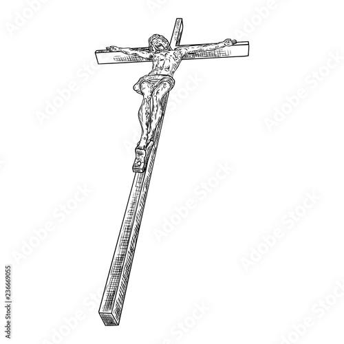 Jesus on cross from mount Golgotha. Hand drawn art sketch. Vector.