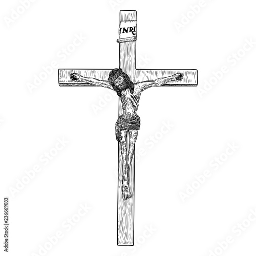 Jesus on the cross, son of God crucifixion, Hand drawn sketch before good Friday. Vector.