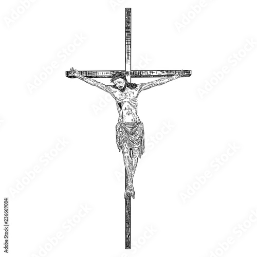 Jesus on the cross, son of God crucifixion, Hand drawn sketch before good Friday. Vector.