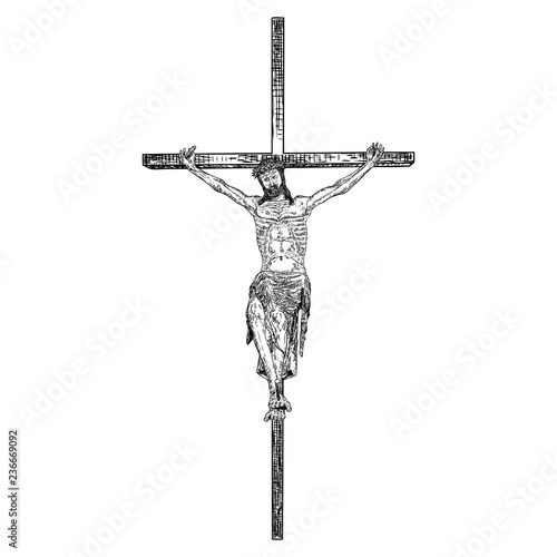 Jesus on the cross, son of God crucifixion, Hand drawn sketch before good Friday. Vector.