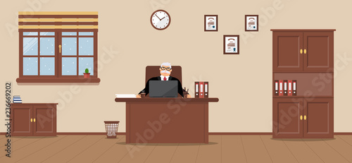 An elderly businessman sitting in the workplace in a spacious office on a cream background. Vector illustration. It's snowing outside.Table, wardrobe, diplomas. Wooden floor. Perfect for advertising
