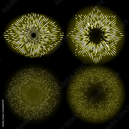 Gold halo angel ring set in shape of fire circle made of flakes. Isolated on black background. Holy golden nimbus circle aureole, saint symbol. Tattoo reference. Vector.