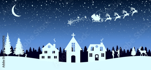Santa Claus flyin on Christmas sleigh over the housses in the night – stock vector