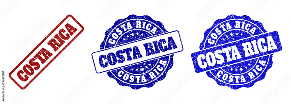 COSTA RICA scratched stamp seals in red and blue colors. Vector COSTA RICA labels with grainy surface. Graphic elements are rounded rectangles, rosettes, circles and text labels. COSTA RICA scratched stamp seals in red and blue colors. Vector COSTA RICA labels with grainy surface. Graphic elements are rounded rectangles, rosettes, circles and text labels.