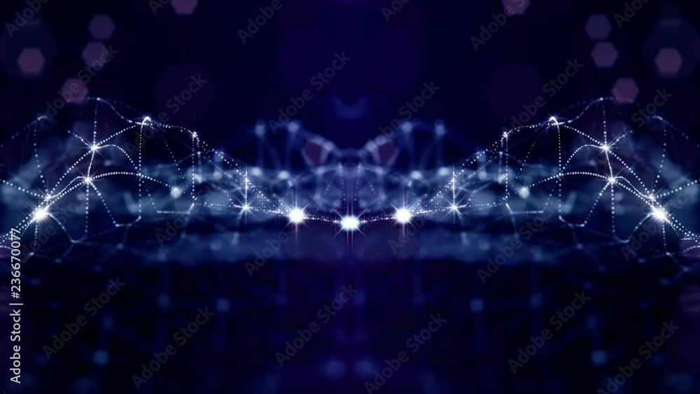 luminous particles like Christmas lights hanging in the air, flying and forming abstract shapes and surfaces. abstract particle background as sci-fi or microcosm, nano world. Blue lines and surface 32
